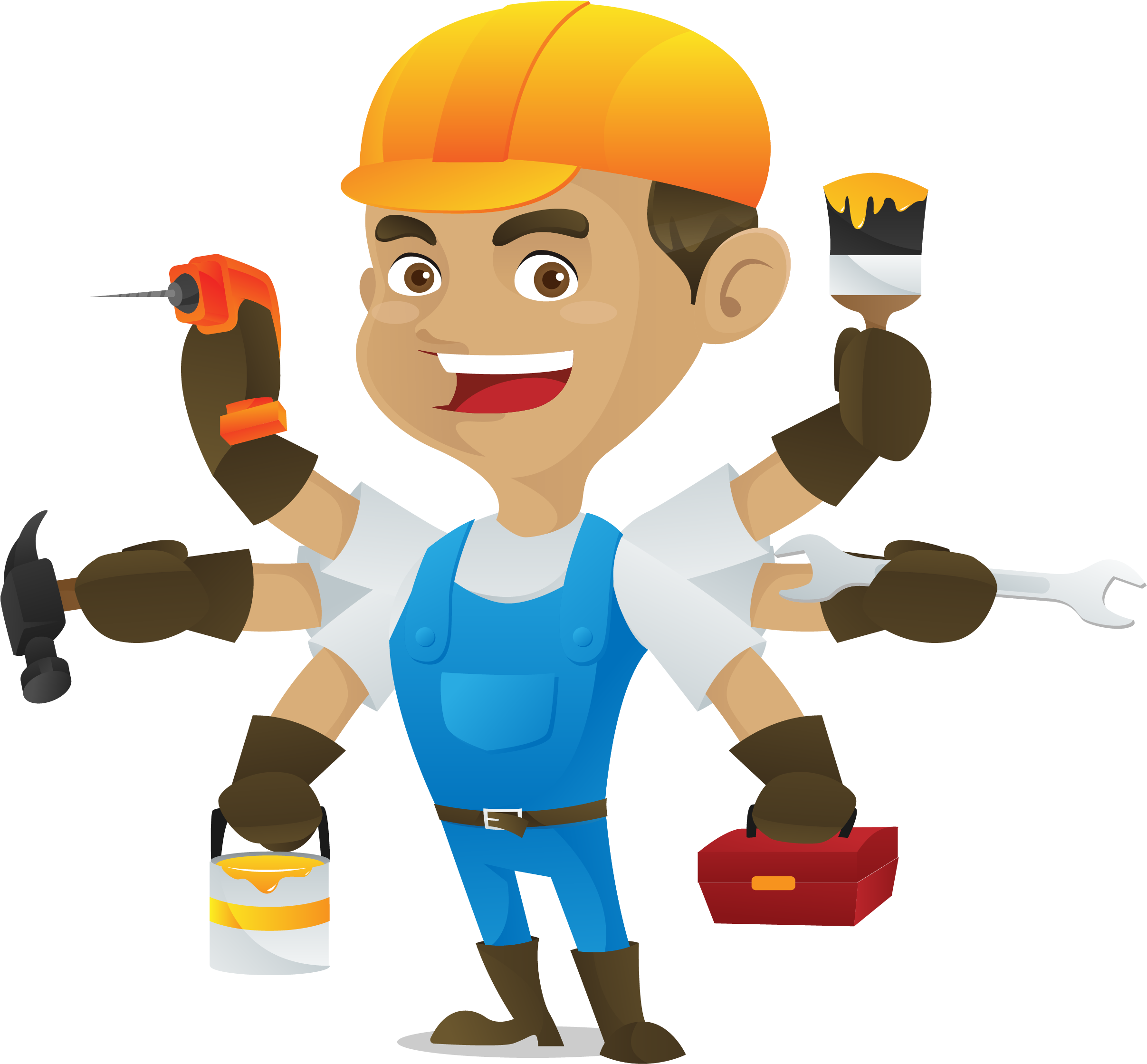 A Cartoon Of A Man With Many Arms Holding Tools