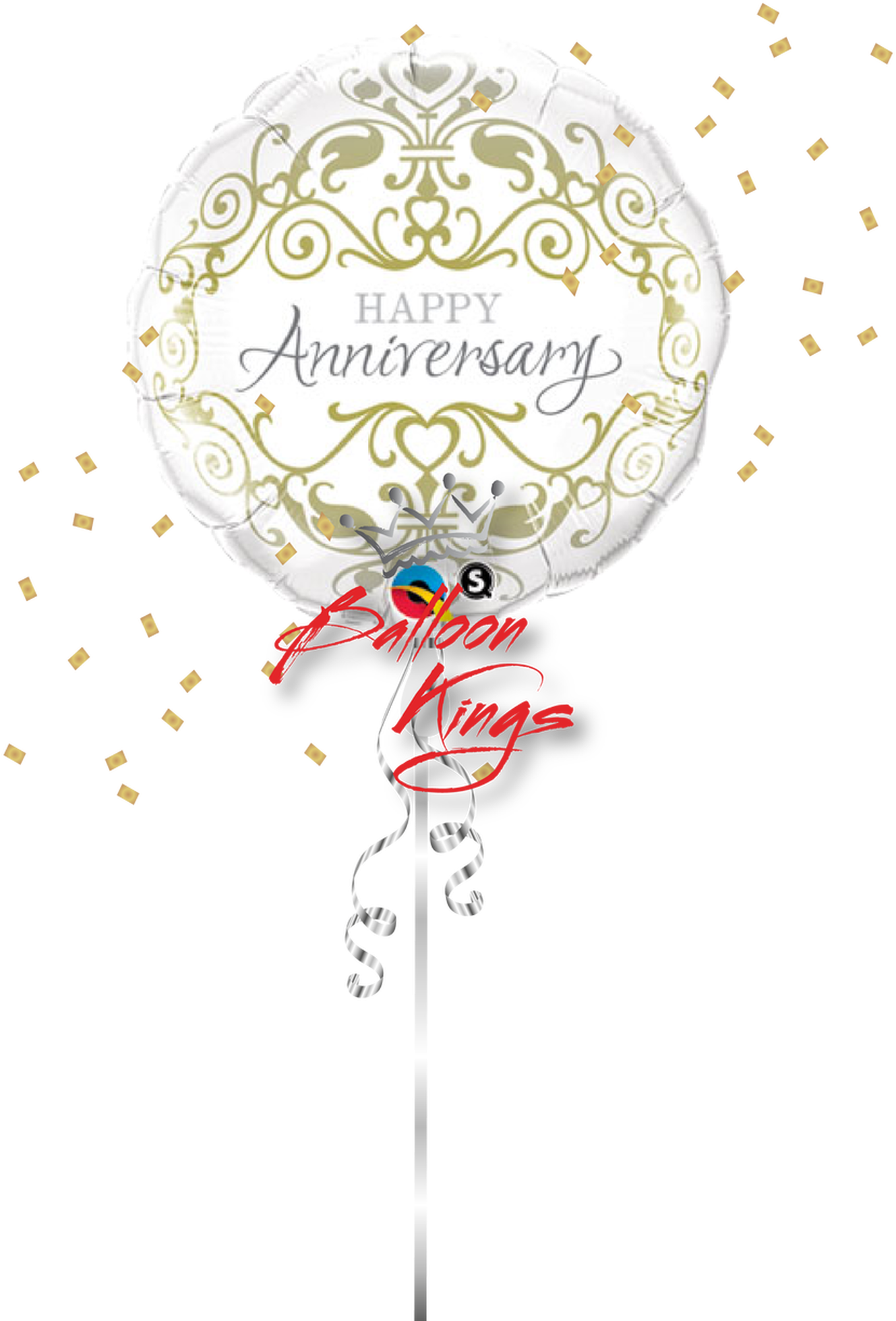 A White And Gold Balloon With A Ribbon And Confetti