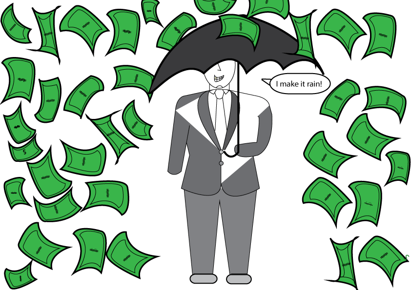 A Man In A Suit Under An Umbrella Surrounded By Money