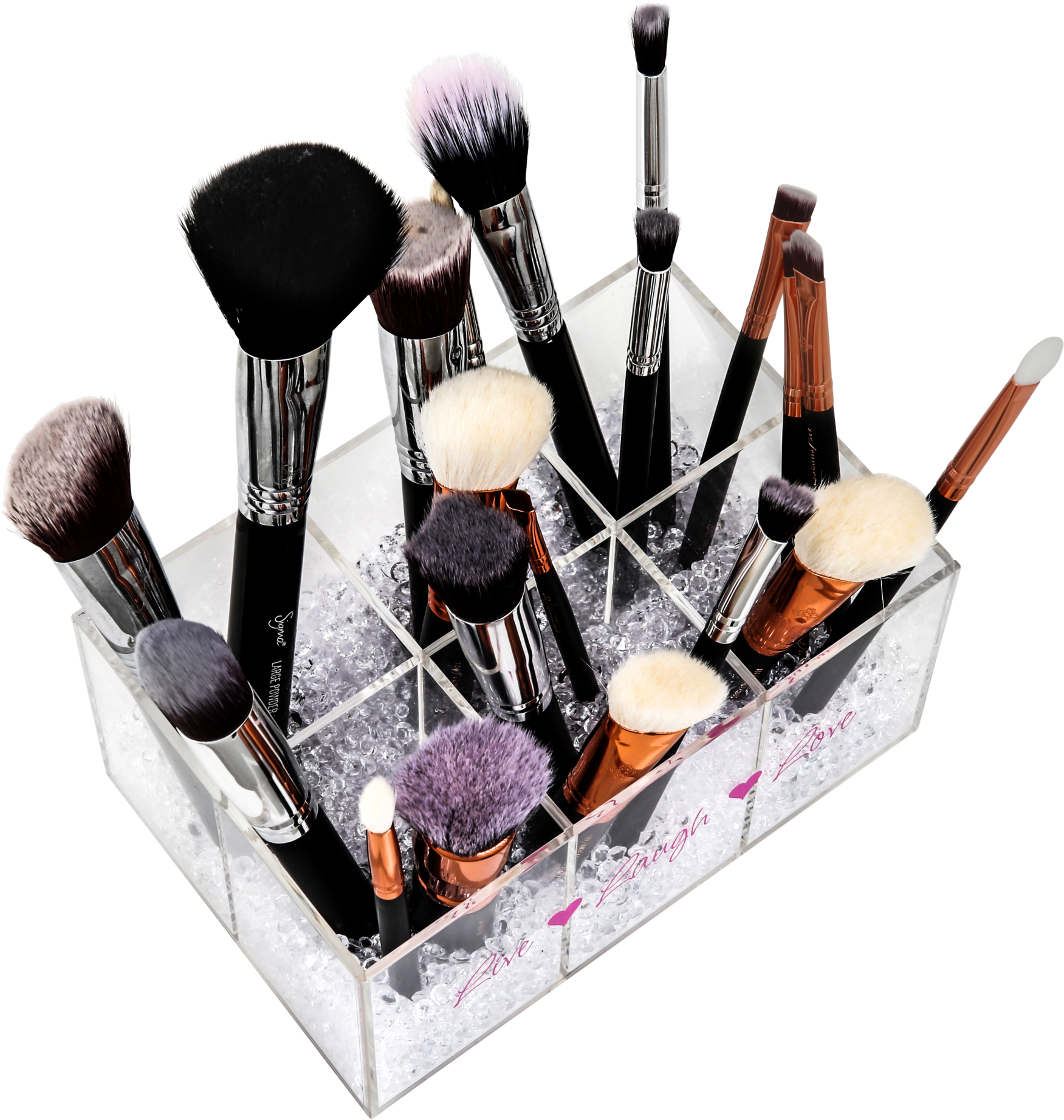 A Group Of Makeup Brushes In A Clear Container