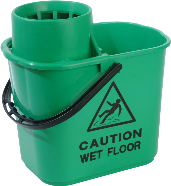 A Green Bucket With A Caution Sign