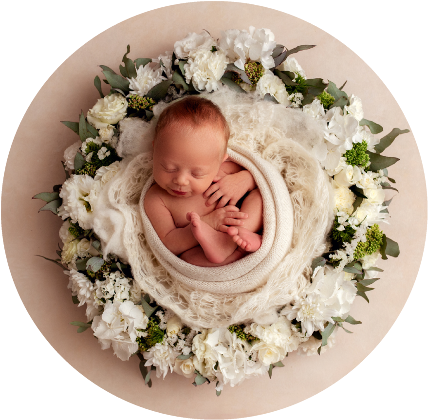 A Baby Sleeping In A Basket Of Flowers