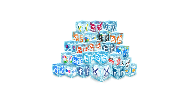 A Pile Of Ice Cubes With Logos