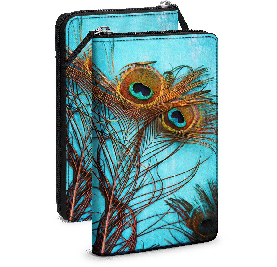 A Pair Of Wallets With Peacock Feathers On Them