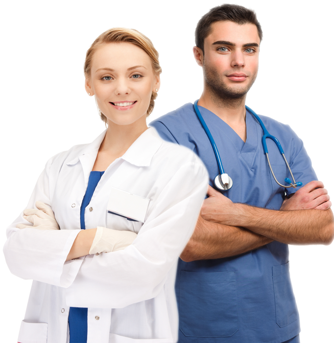 A Man And Woman Wearing Scrubs And Stethoscopes