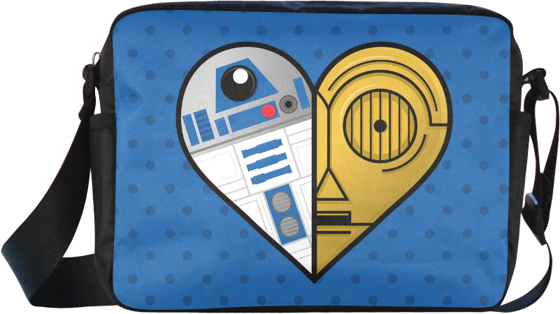 A Blue And White Bag With A Heart And A Robot Face