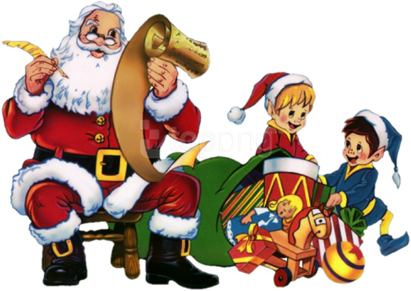A Cartoon Of Santa Claus Sitting On A Chair With A Scroll And A Group Of Kids
