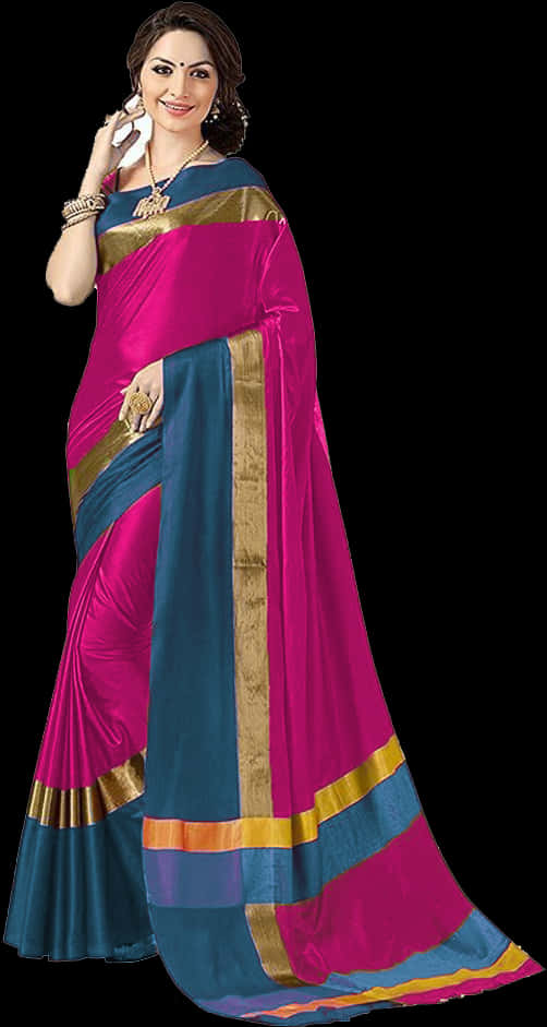A Woman In A Pink And Blue Sari