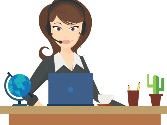 A Woman With Headset Sitting At A Desk With A Laptop And Globe