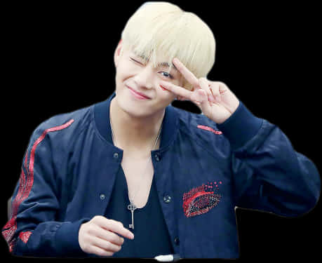 A Man With Blonde Hair And A Blue Jacket With A Peace Sign