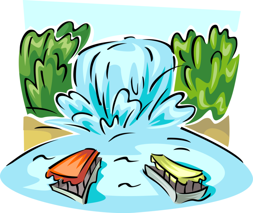 A Cartoon Of A Waterfall With A Fountain And Boats