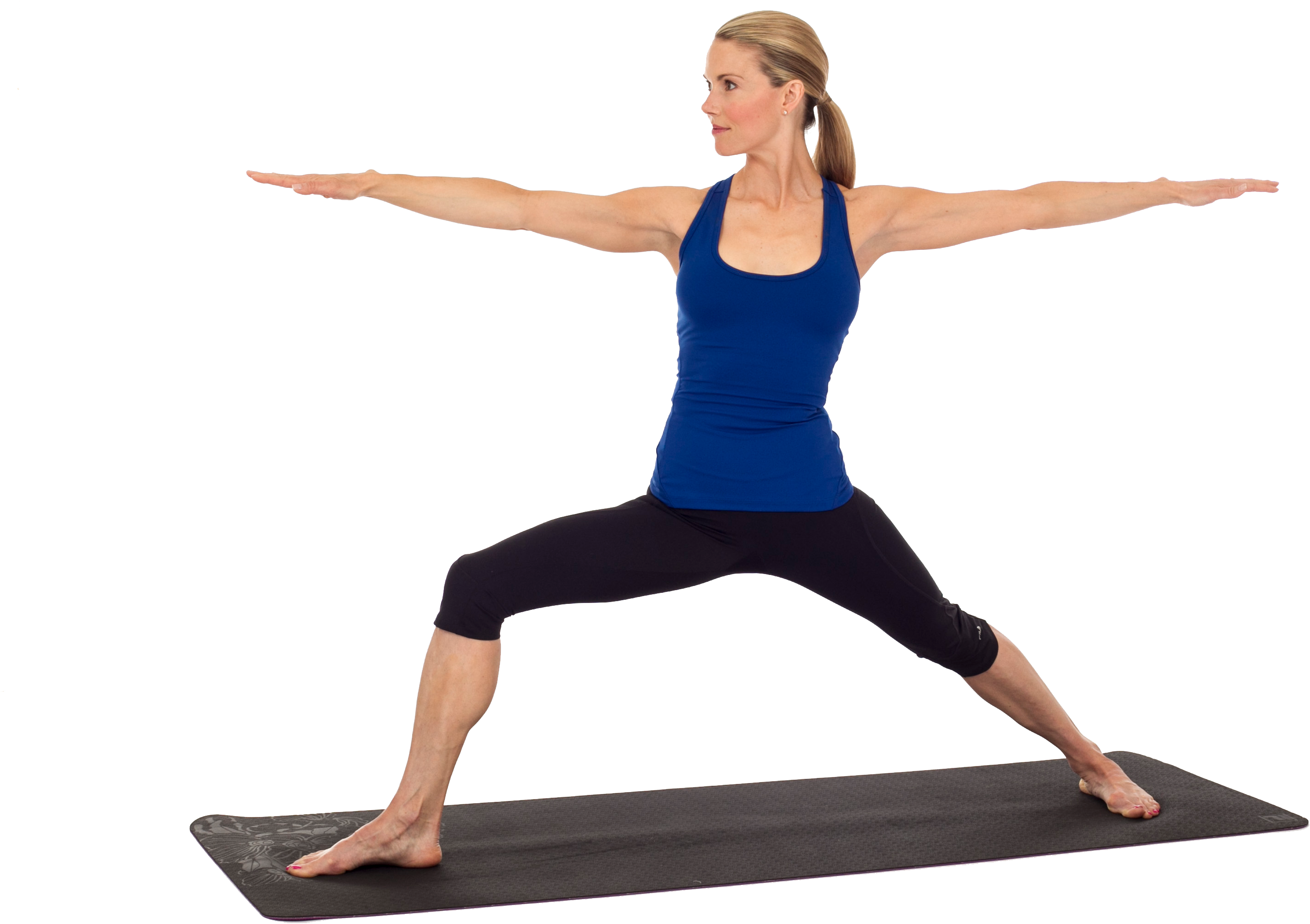 A Woman In A Blue Tank Top And Black Pants Doing Yoga
