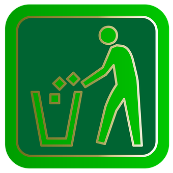 A Green And Gold Sign With A Person Throwing Trash Into A Trash Can