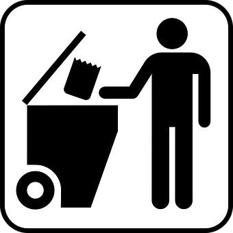 A Black And White Sign With A Person Throwing A Bag Into A Trash Can