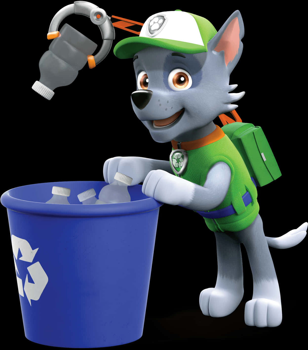 A Cartoon Dog With A Green Hat And Green Backpack Leaning On A Blue Trash Can