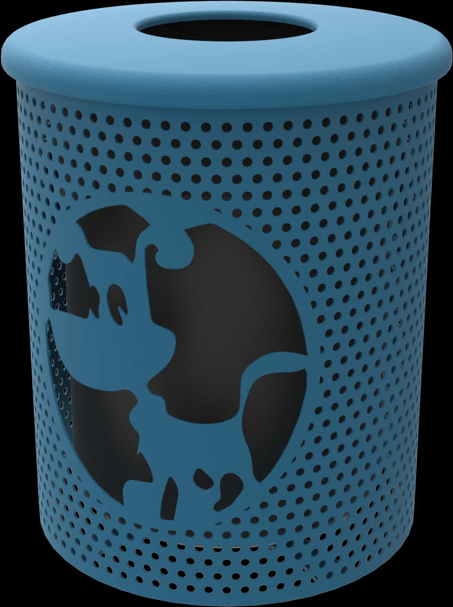 A Blue Trash Can With A Cat Design