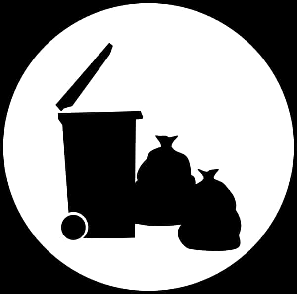 A Black And White Circle With Garbage Bags And A Trash Can