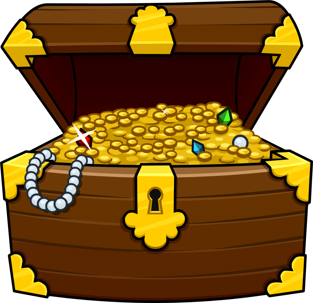 A Cartoon Treasure Chest With Gold Coins And A Chain