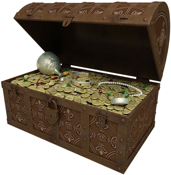 A Chest Full Of Gold Coins And A Silver Object