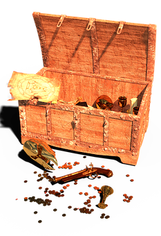 A Wooden Chest With A Gun And A Weapon