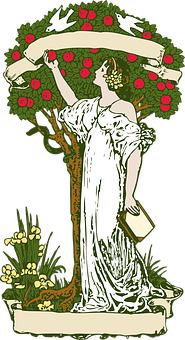 A Woman In A White Dress Holding A Book And A Tree