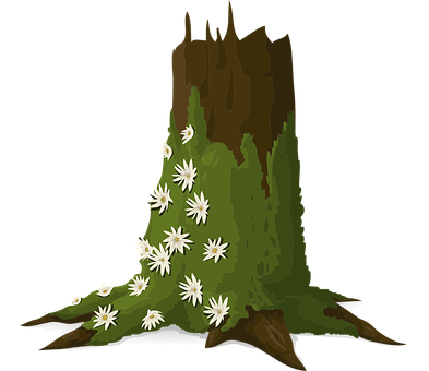 A Tree Stump With White Flowers