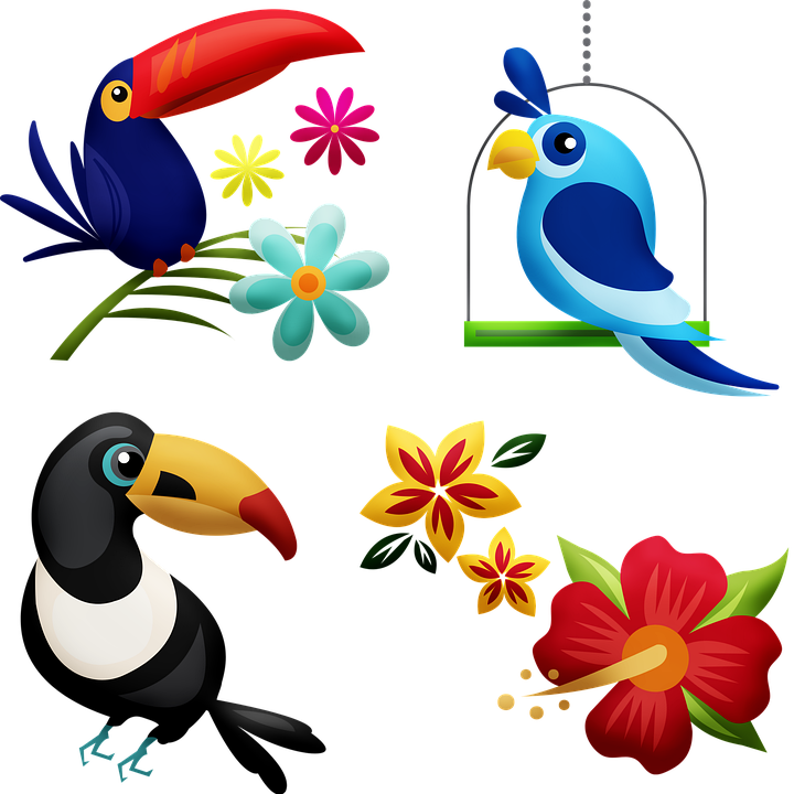 A Group Of Birds And Flowers