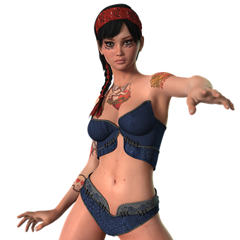 A Woman In A Blue And Red Garment And Underwear