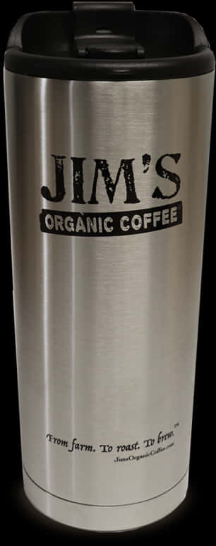 A Silver Coffee Cup With Black Text