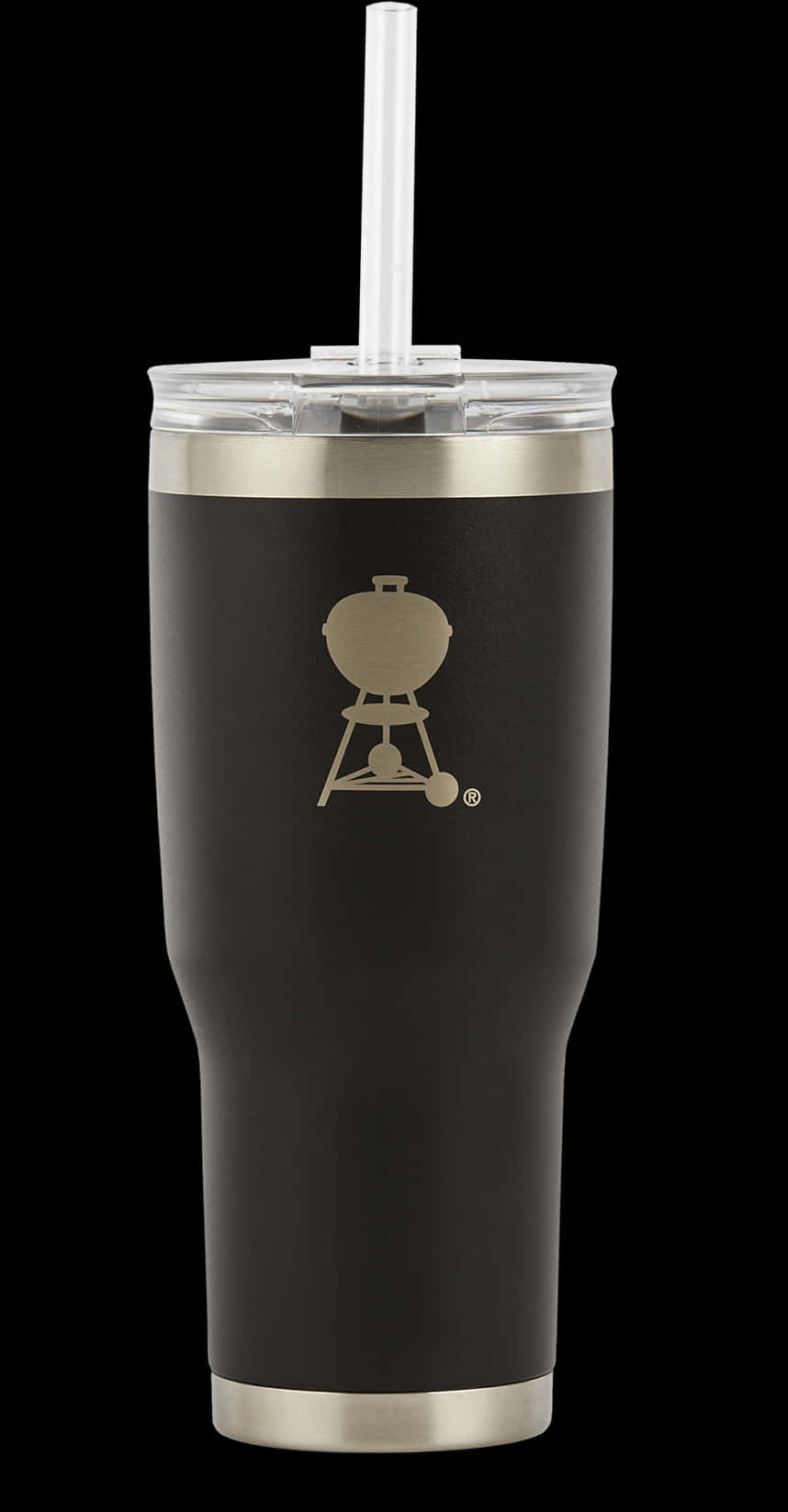 A Black And Silver Tumbler With A Grill Logo