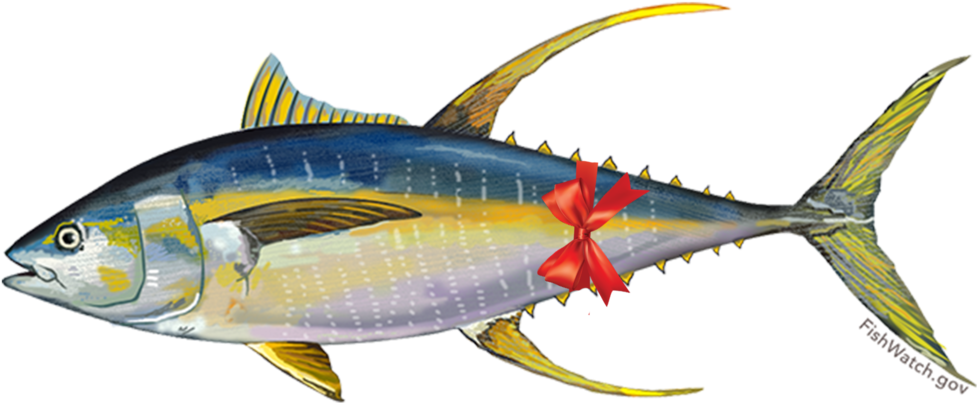 A Yellow And Blue Fish With A Red Bow