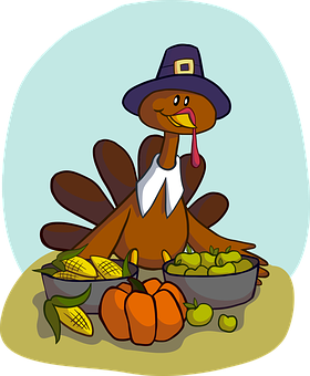 A Cartoon Turkey With A Hat And Vegetables