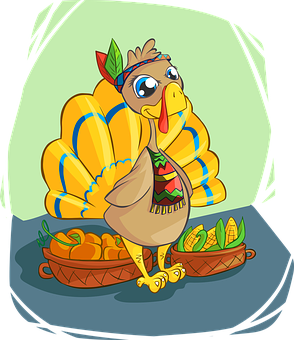 Cartoon Turkey With Feathers And A Scarf