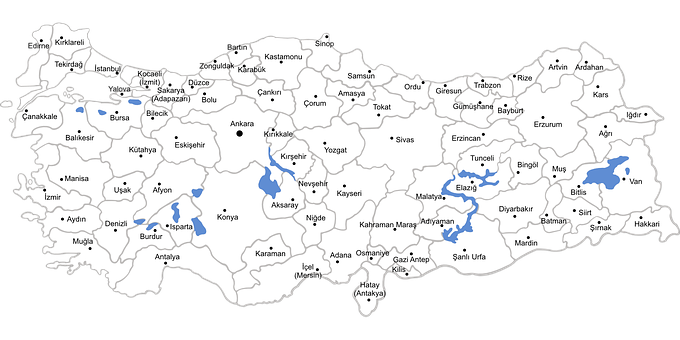 A Map Of Turkey With Black Text