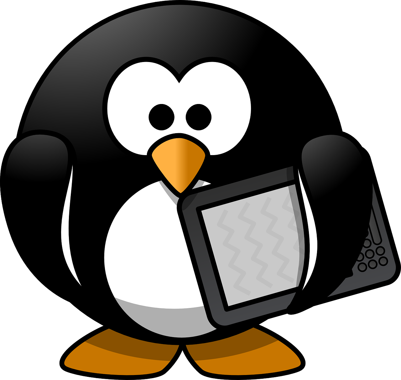 A Cartoon Penguin Holding A Tablet