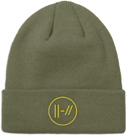 A Green Beanie With A Yellow Circle On It