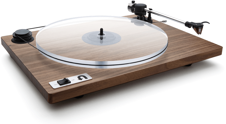 A Record Player With A Clear Disc On A Wooden Surface