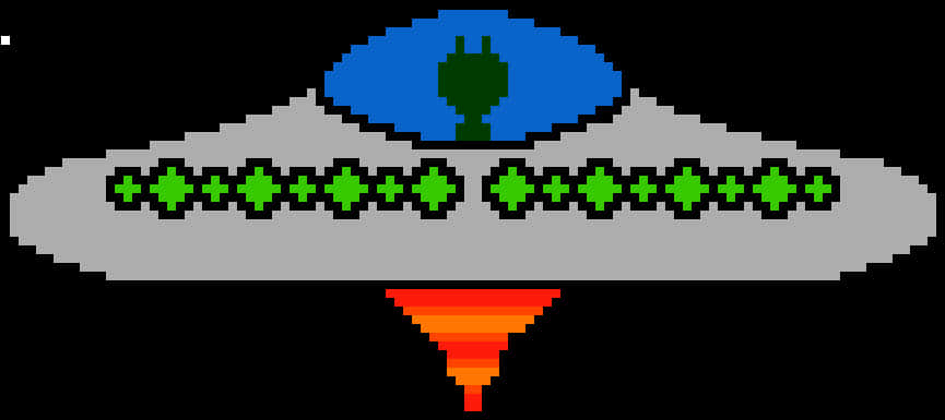A Pixelated Ufo With A Green Alien In The Middle