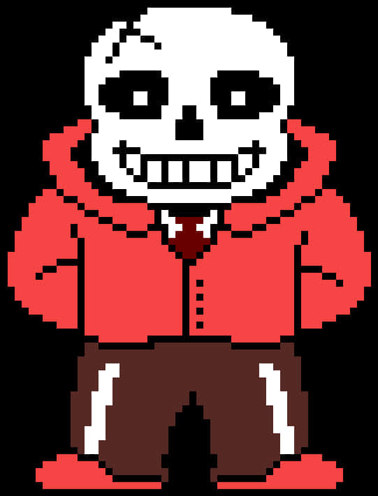 A Cartoon Of A Skeleton In A Red Shirt And Brown Pants