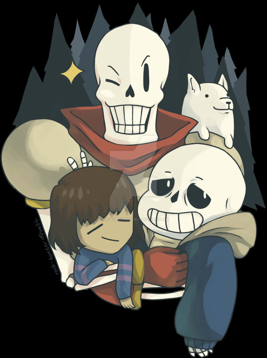 Cartoon Characters With A Child And A Skeleton