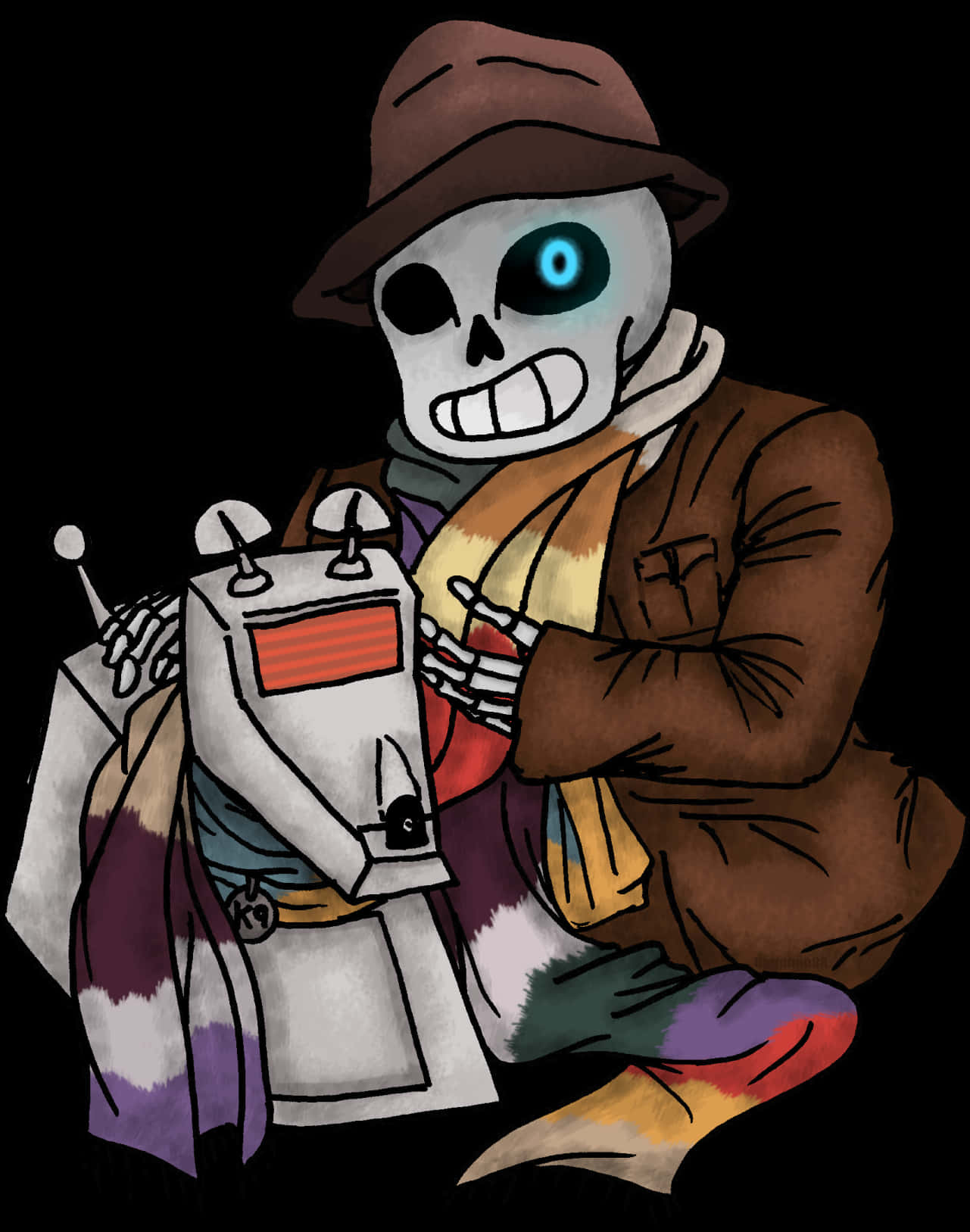 A Cartoon Of A Skeleton Holding A Robot