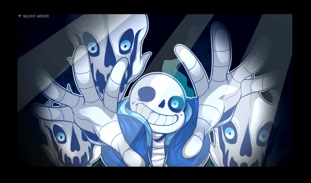 A Cartoon Of A Skeleton With Hands Up
