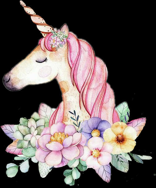 A Unicorn With Flowers On A Black Background