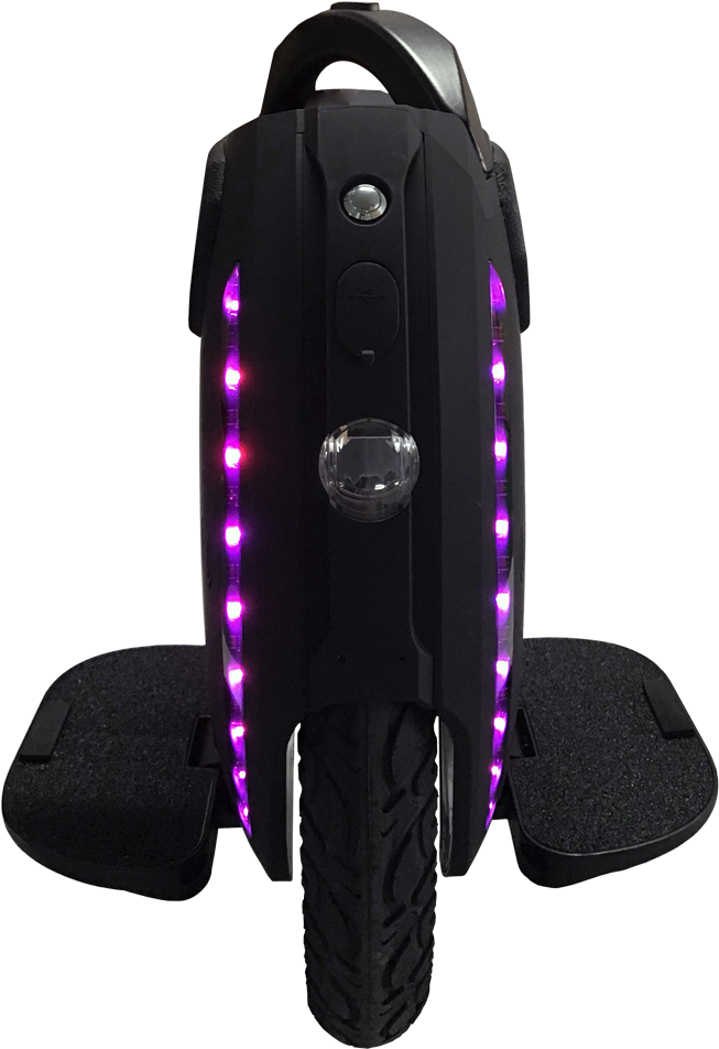 The Back Of A Black Electric Scooter With Purple Lights