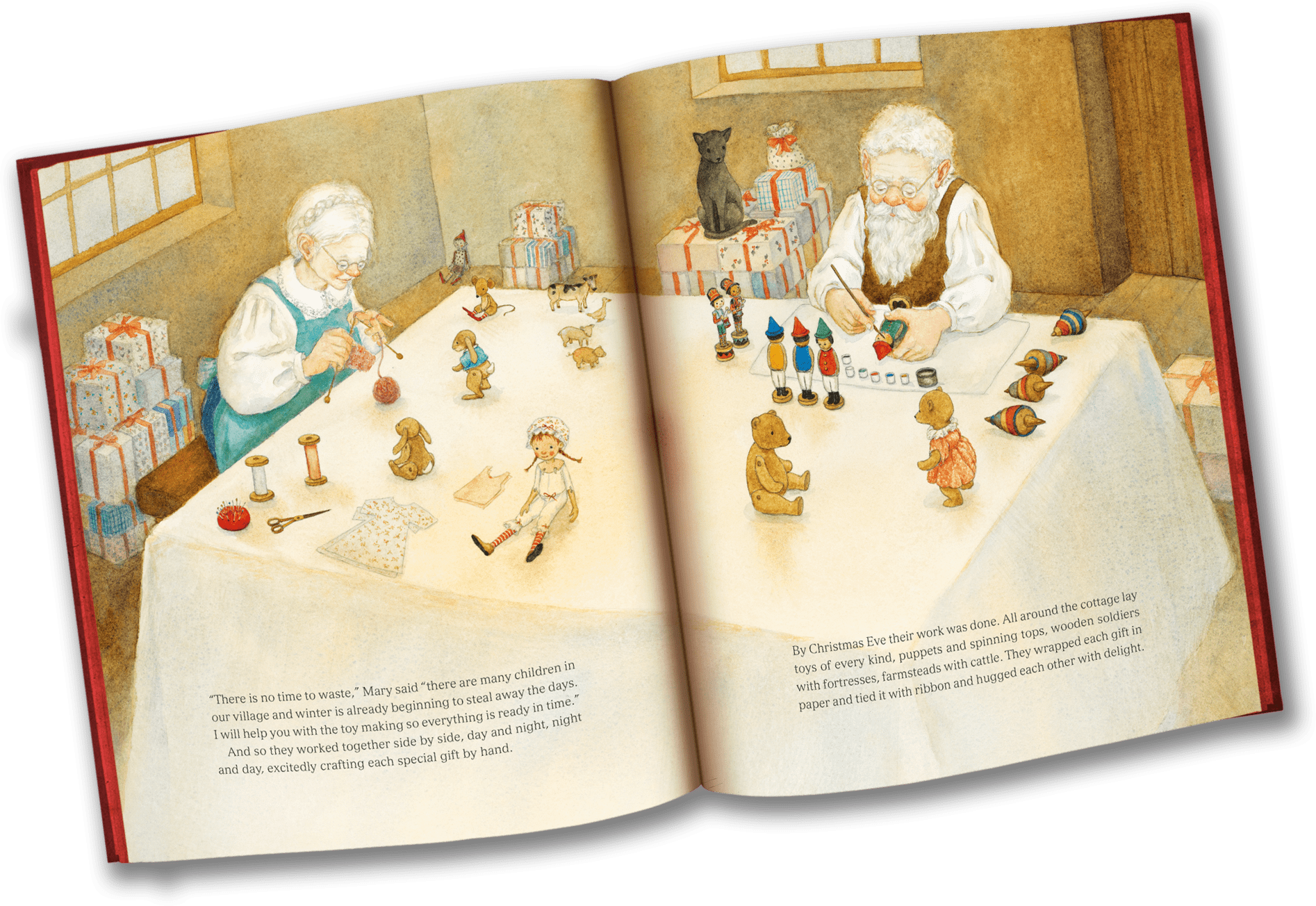 An Open Book With An Open Page Of An Old Man And Woman Painting Toys