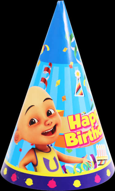 A Blue Cone Shaped Party Hat With A Cartoon Character On It
