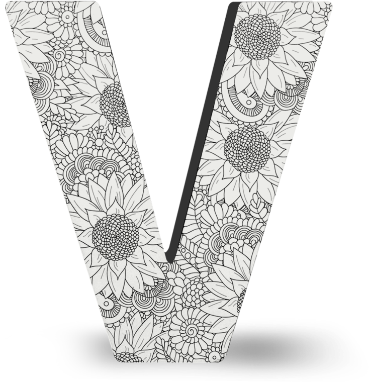 A White And Black Letter V With Flowers Drawn On It