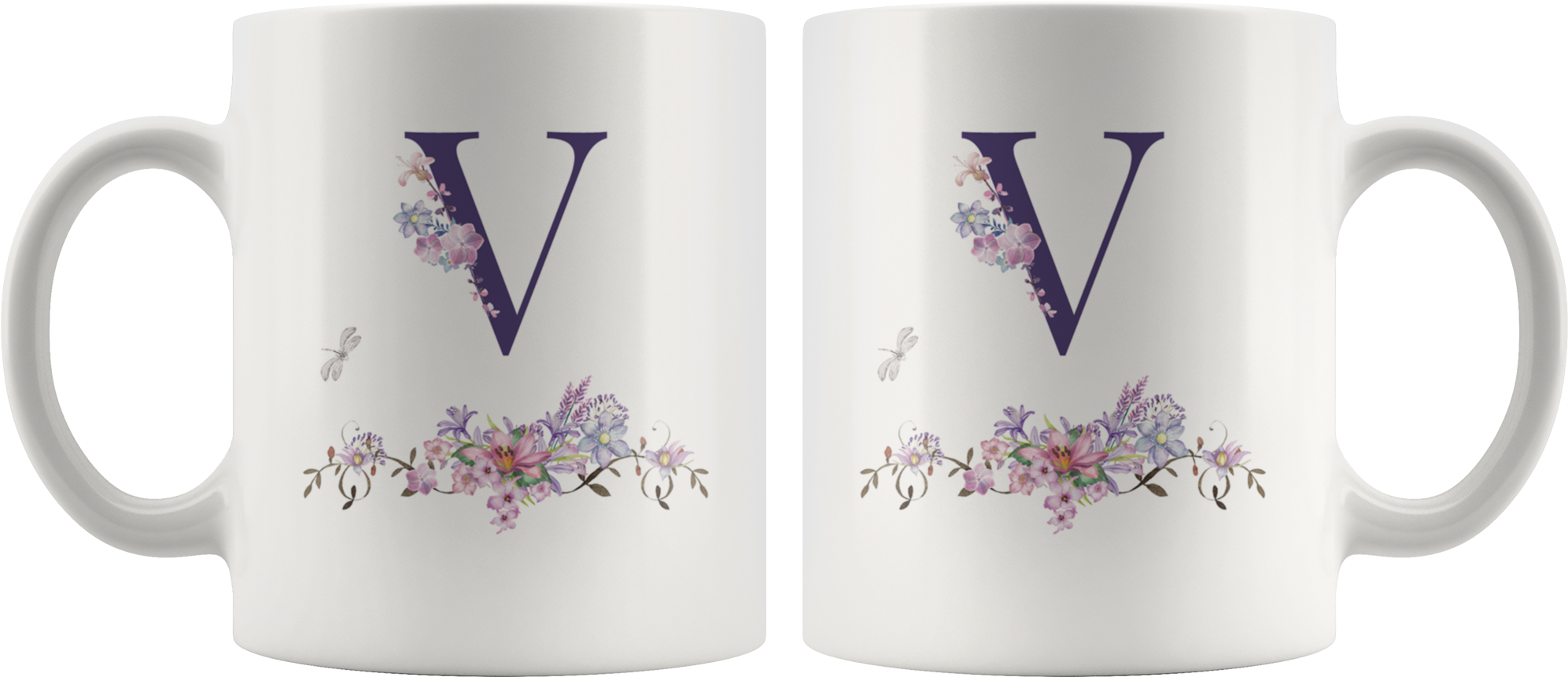 A Couple Of White Mugs With Purple Flowers
