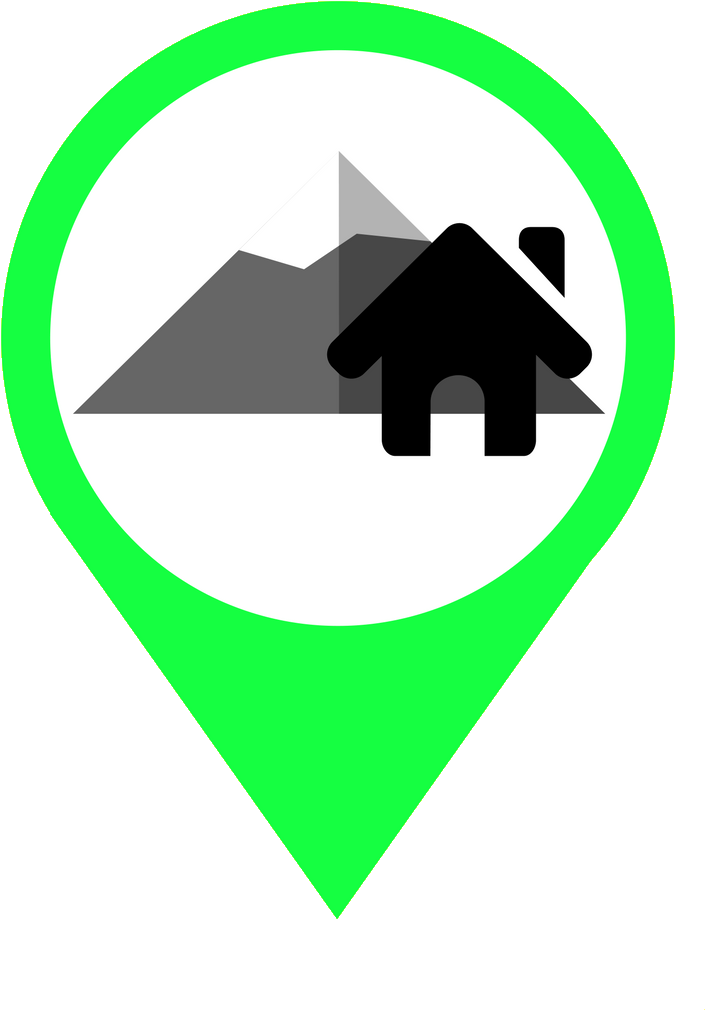 A Green And White Pin With A House And Mountains In The Background