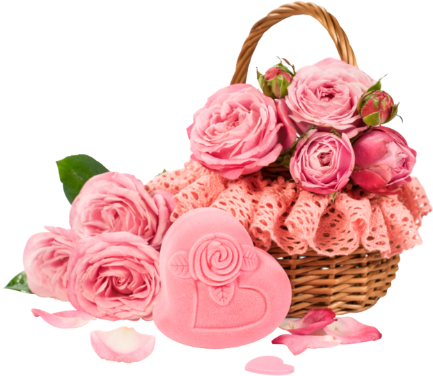 A Basket Of Pink Roses And A Heart Shaped Soap